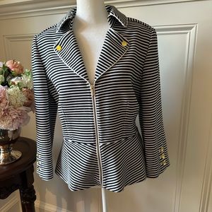 Tahari sz 12 zip front, notched collar, peplum jacket, gold buttons FREE ship